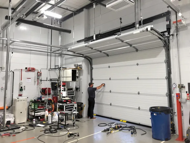 Hilliard Garage Door Repair certified technician performing commercial door repair at a Hilliard business facility