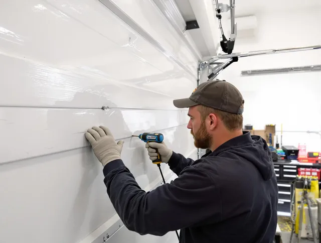 Hilliard Garage Door Repair technician demonstrating precision dent removal techniques on a Hilliard garage door
