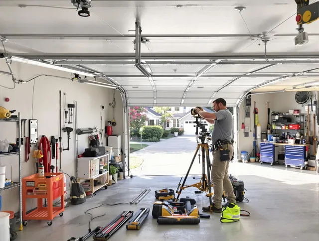 Hilliard Garage Door Repair specialist performing laser-guided track alignment in Hilliard